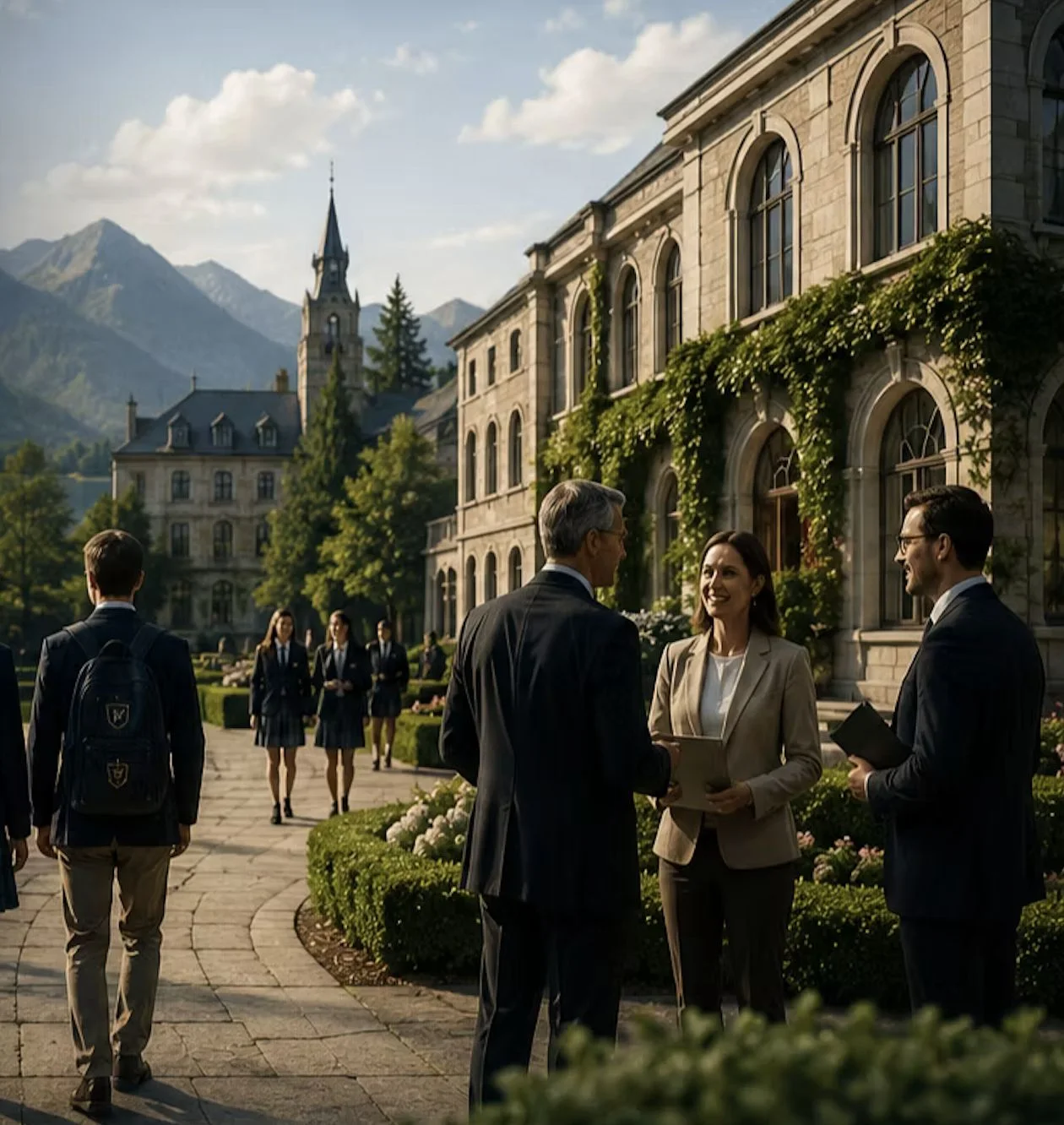 Advisors meeting a family on an international school campus